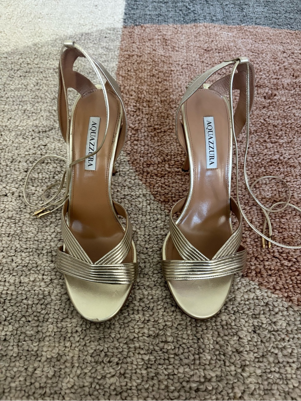 Aquazzura Metallic Gold Strappy Lace-Up Heels